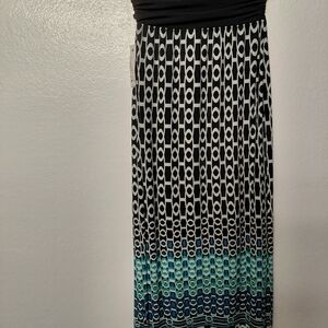 Apt. 9 Black and Teal Strapless Maxi Dress with Geometric Print